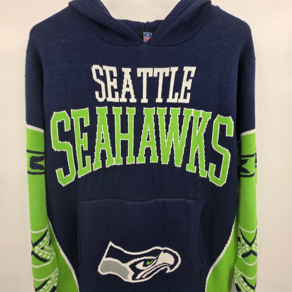 NFL TEAM APPAREL SEATTLE SEAHAWKS SWEATER MENS MEDIUM BLUE GREEN HOODED UGLY NEW - Picture 4 of 12